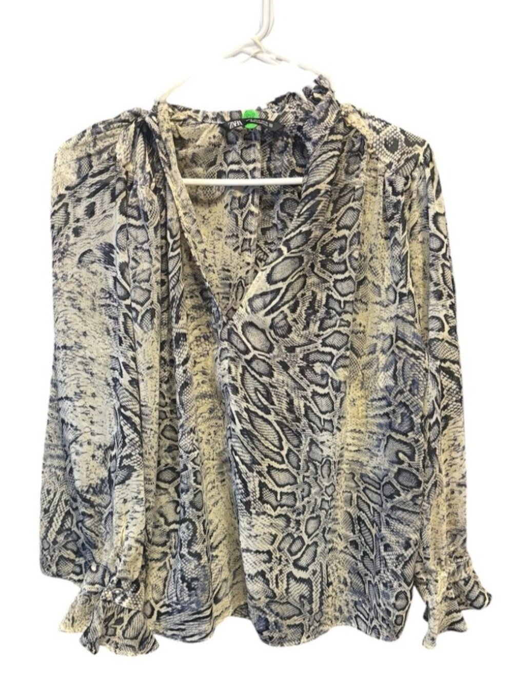 Snake Print V-Neck Long Sleeve Blouse - Black & Cream